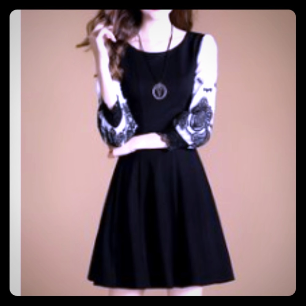 Black & white lace lace sleeve A Line dress.